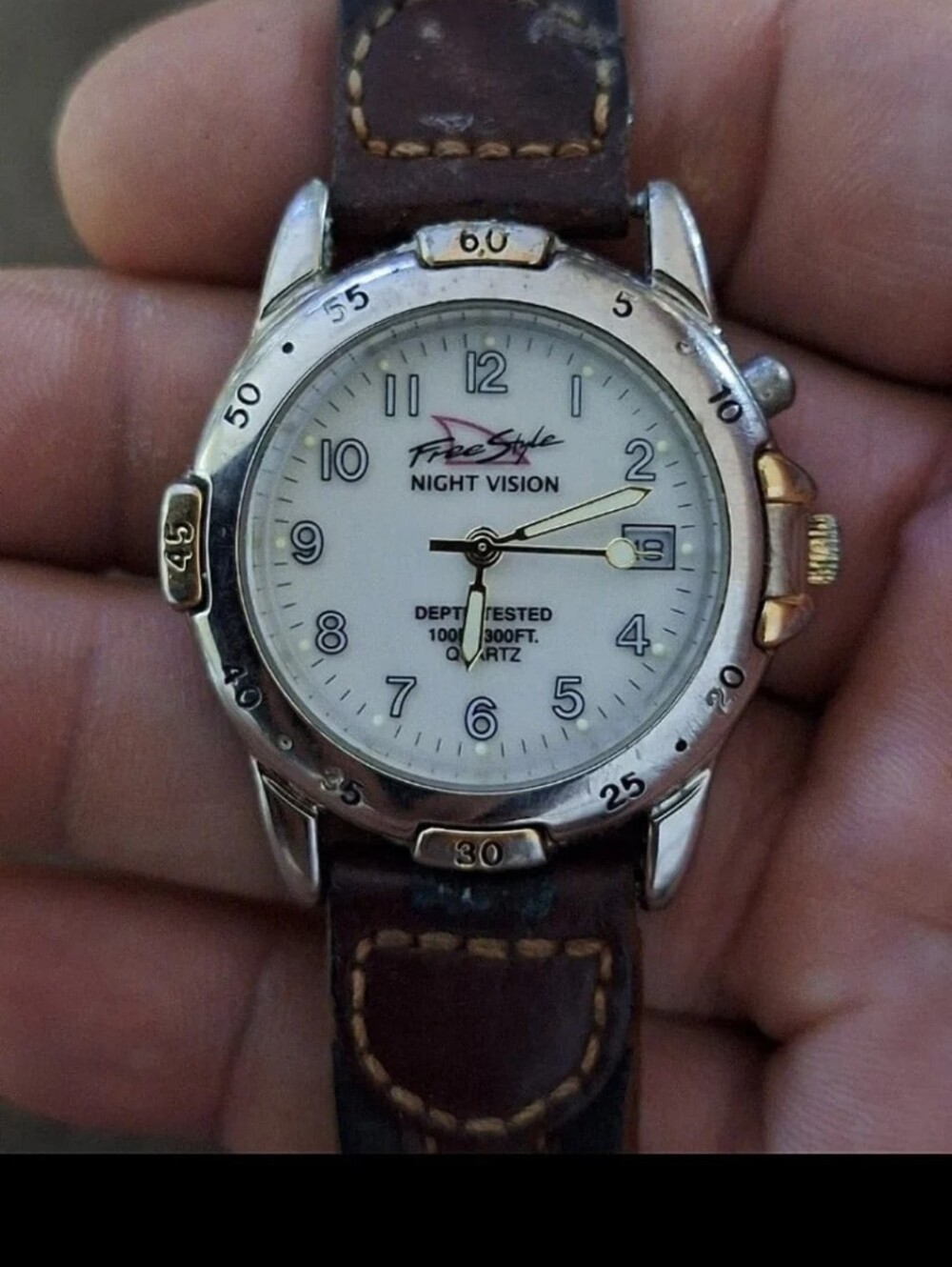 1980s Men's FreeStyle Night Vision Watch With Brown Genuine Leather Band